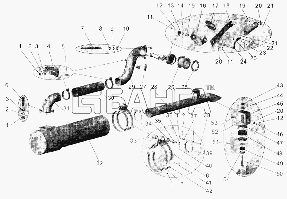 АМАЗ МАЗ-152 Схема Установка системы выпуска отработавших banga.ua